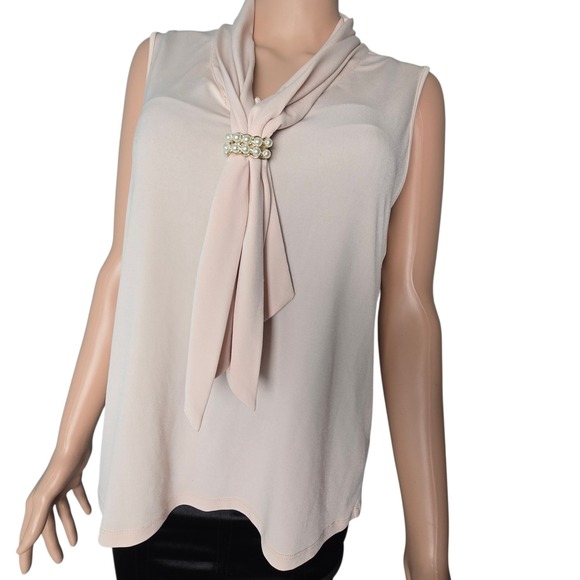 Karl Lagerfeld Paris Tops - Karl Lagerfeld Paris Blush Pink‎ Tie Neck Sleeveless Blouse Faux Pearl Accent M